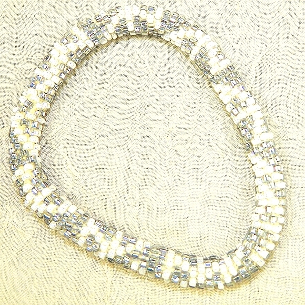 Vintage Loom-Woven Seed Bead Artisan Bracelet Silver & White Boho Cuff Roll On